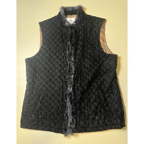 Chicos Quilted Velvet Like Vest W/ Rabbit Fur Trim Gold Paisley Lining Size 1 - Picture 1 of 9